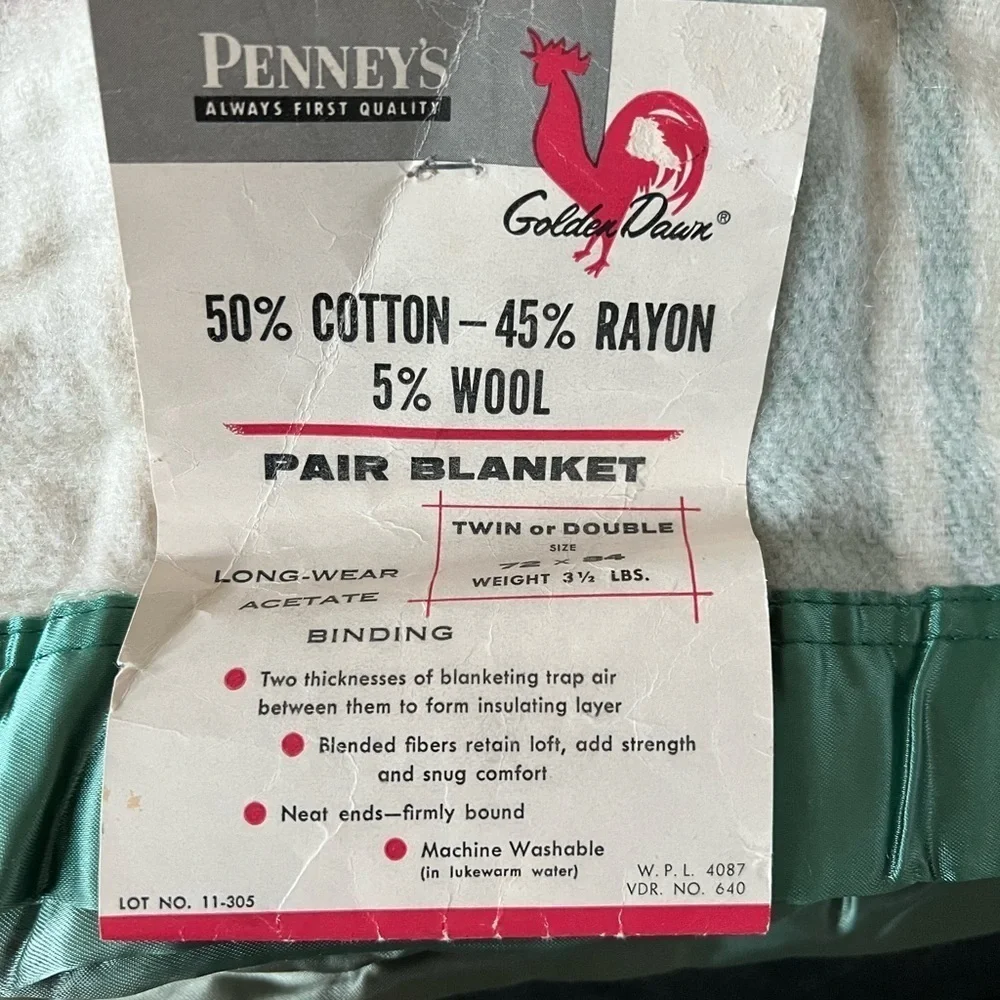 Vintage NWT JC Penney Green Stripe Wool Satin Trim Blanket 72”x84” 1950's Golden